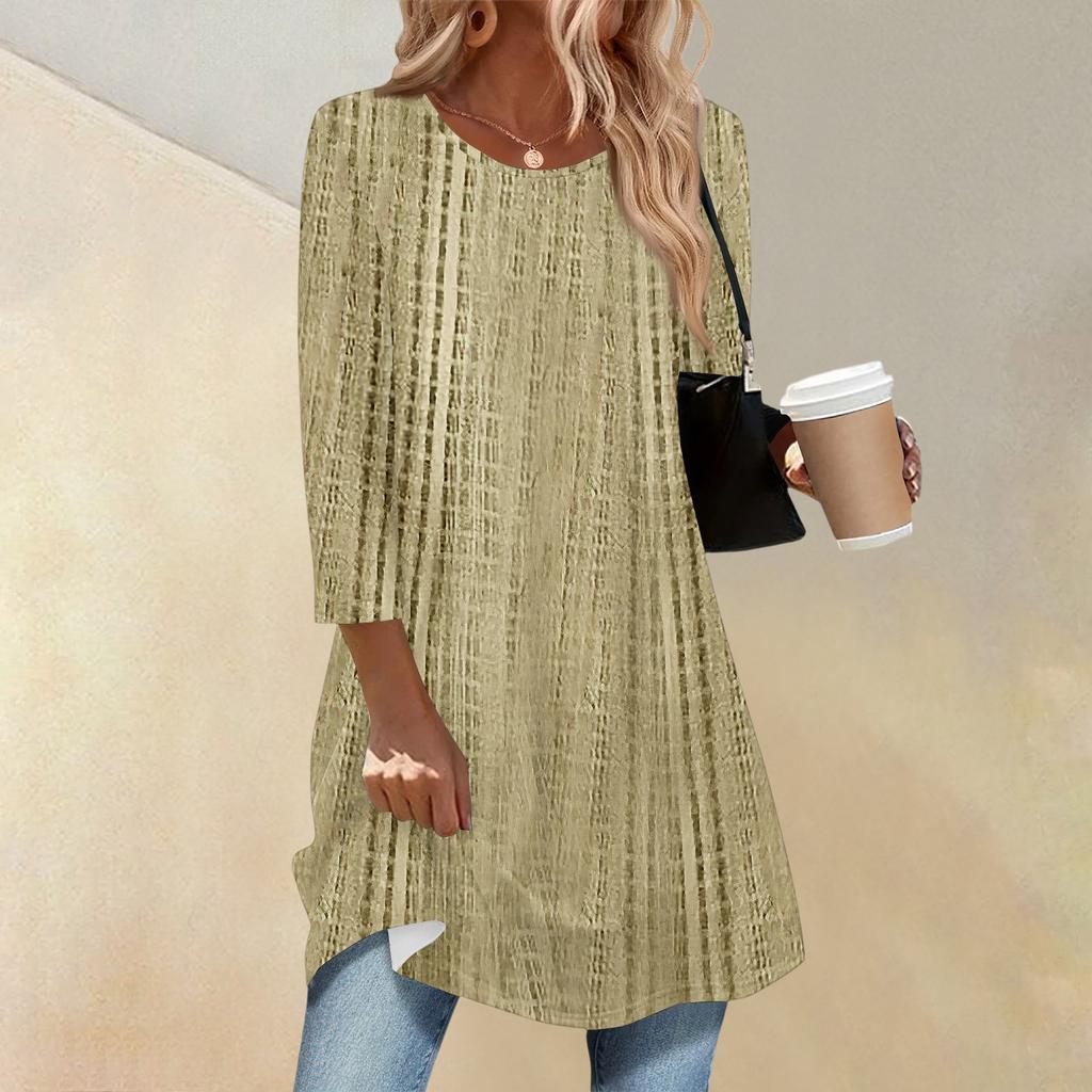 Women's Fashion Casual Three-quarter Sleeve Long Retro Printed Round Neck Top