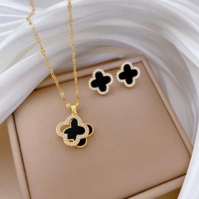 Lucky Grass Necklace Earrings Set Light Luxury Slightly Inlaid Personalized Temperament Banquet Earrings Item Combination