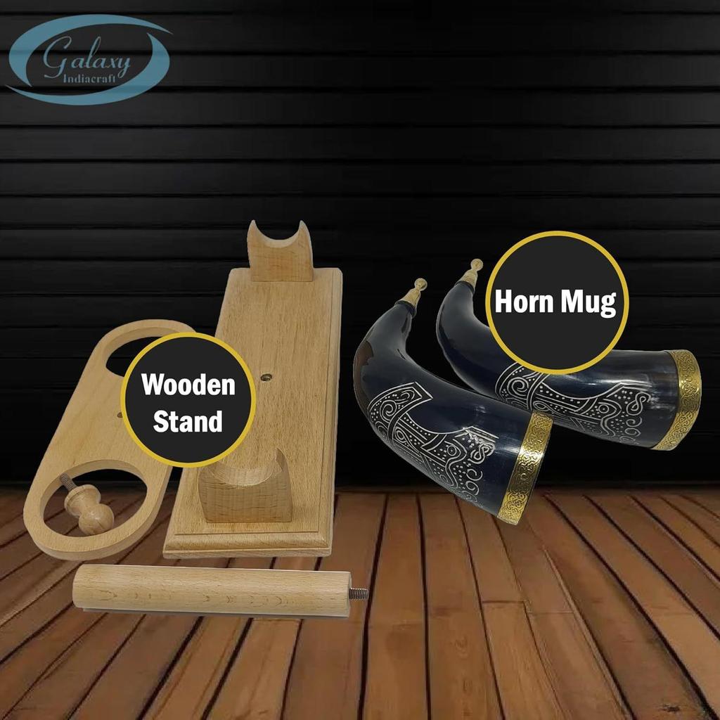 Wikinger Trinkbecher Handgefertigt Natur Ochsenhorn Becher für Ale, Bier, Met, Wein | 12 Zoll | 100% Auslaufsicher | mit Schönem Holzständer (2er Set)
