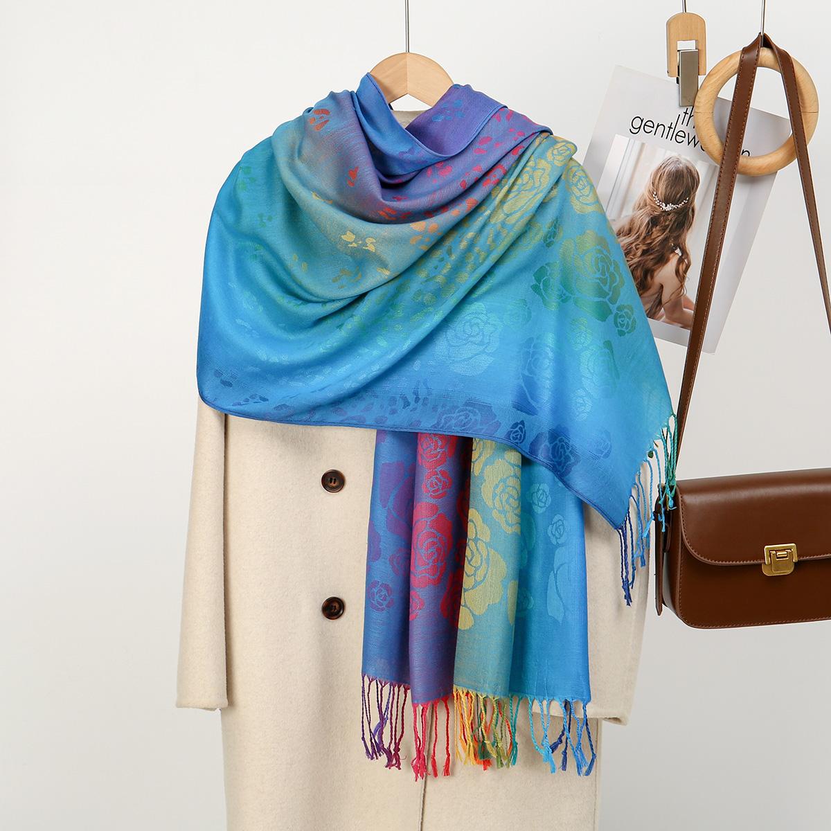 

New Rose Embroidery Hijab Scarf For Women Muslim Tie-dye Color Long Shawl with Tassels Islam headwraps Mujer Headscarf Muffler