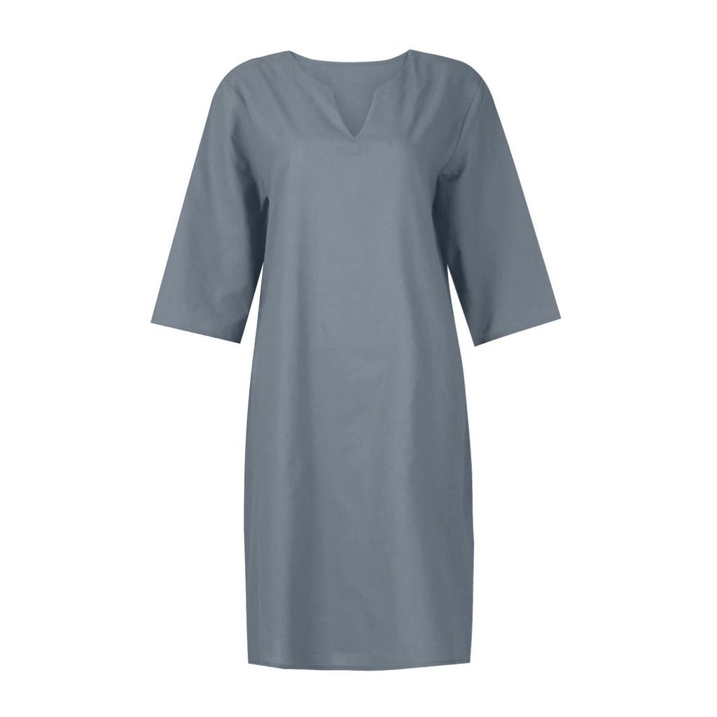 Women'S Retro Solid Color V-Neck Mid-Sleeve Tunic Dress - Easy-Care Knee-Length All-Season Comfort Non-Stretch
