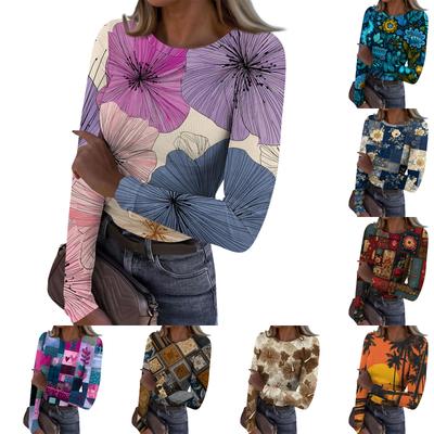 Women's Casual Fashion Round Neck Retro Print Long Sleeve Ribbed Top