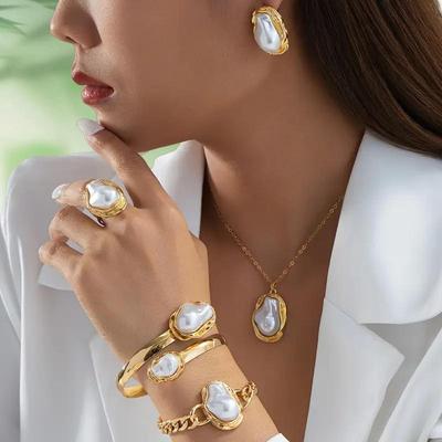 Trendy Irregular Pearl Necklace, Earrings & Ring Set - Retro Luxury Fashion