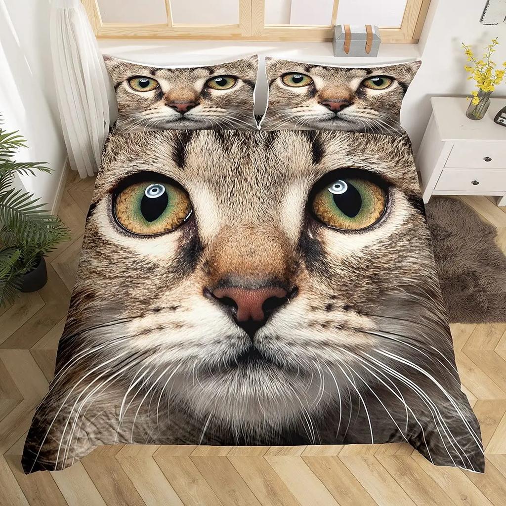 3D Digital Printing 2/3Pc Animal Cat Pattern Quilt Cover Pillowcase Double Bed Set Cover Quilt Soft Microfiber Bedding Set