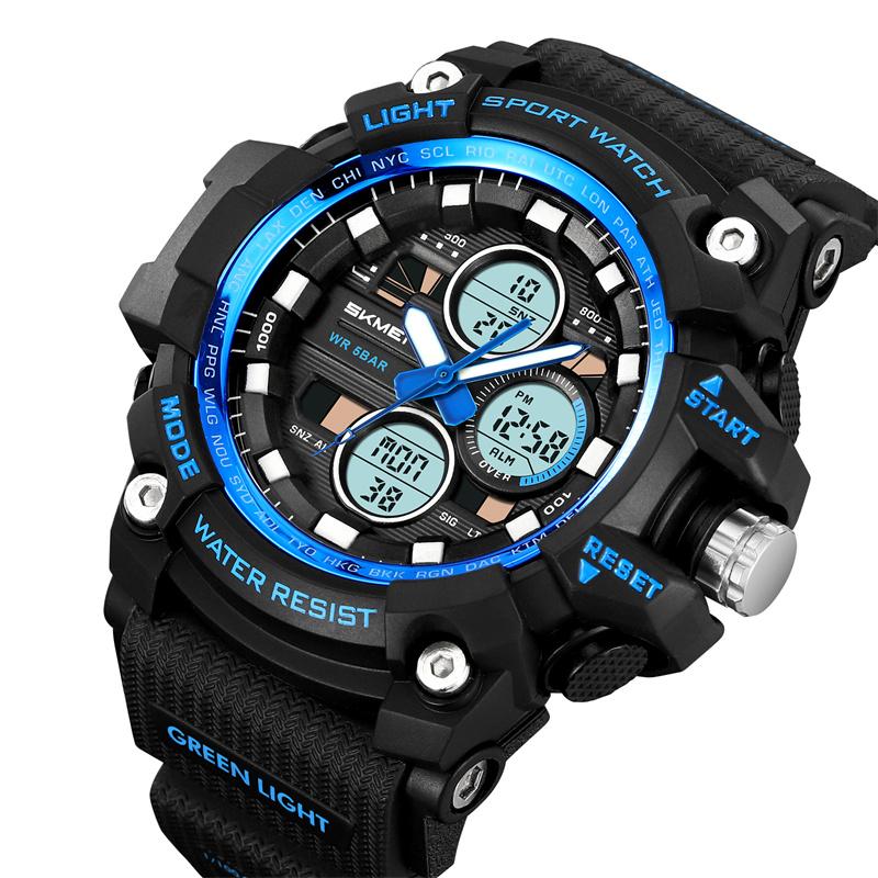 Skmei Fashion Big Size Dial Men Sports Watches Three Time Zone Analog Digital Display LED Waterproof Alarm Clock Male Stop Watch