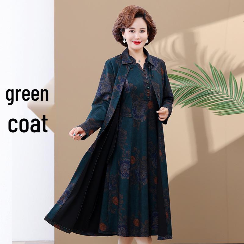 Elegant Autumn Trench Coat Dress Set for Mature Women: Long-Sleeved, Over-the-Knee Two-Piece with Stylish Design