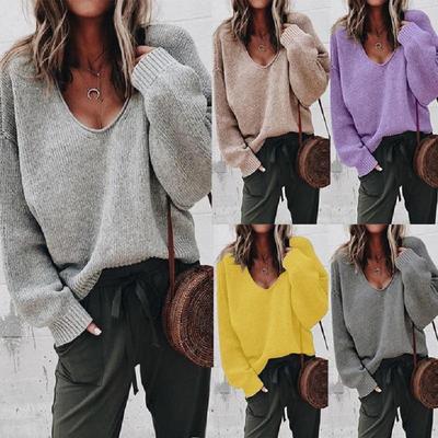 European and American Women's V-Neck Solid Color Loose Knit Sweater Top