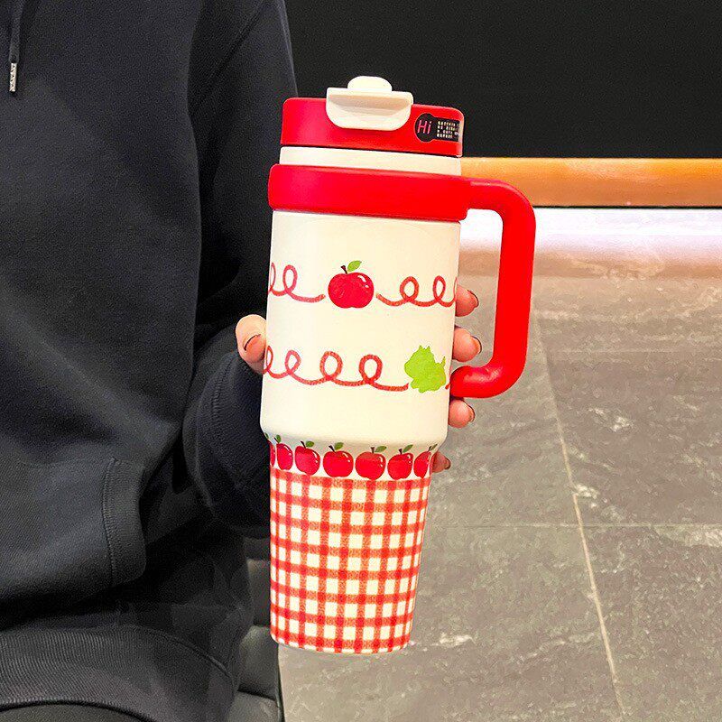 Large-Capacity Thermos Cup for Girls, New Office Water Cup, Giant Student Cup with Handle and Straw, High Aesthetic Value