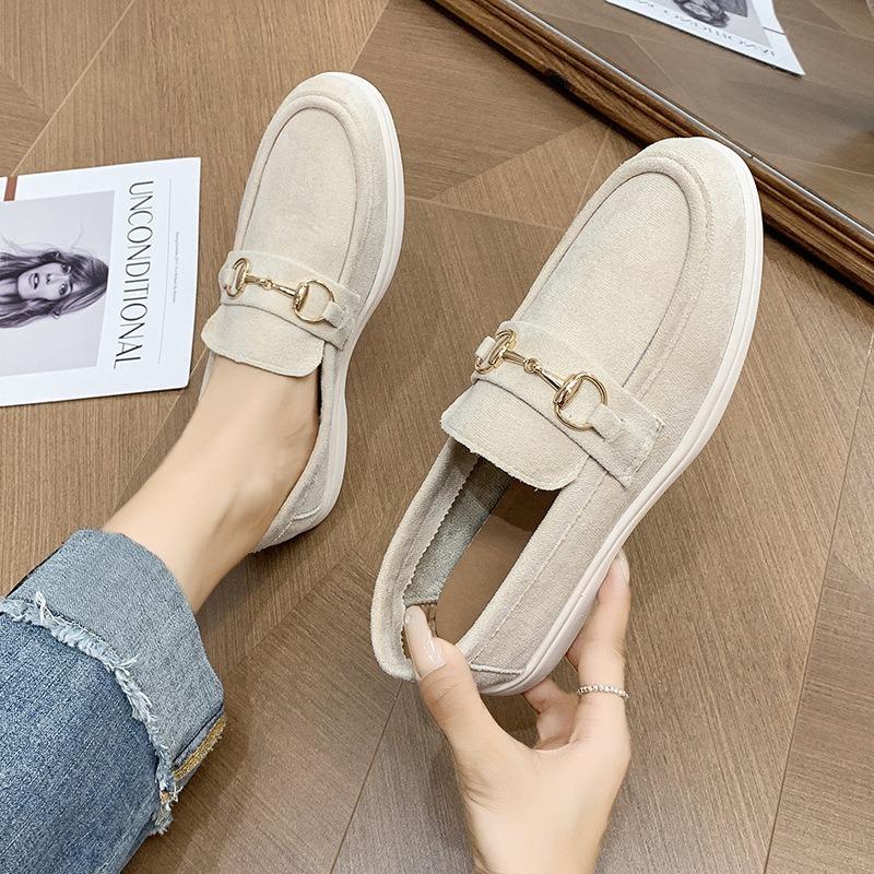 Fashion Shoes Women's Spring New Style British Lazy Person's One Step Flat Shoes Metal Buckle Comfortable Soft Driving Shoes Moccasins