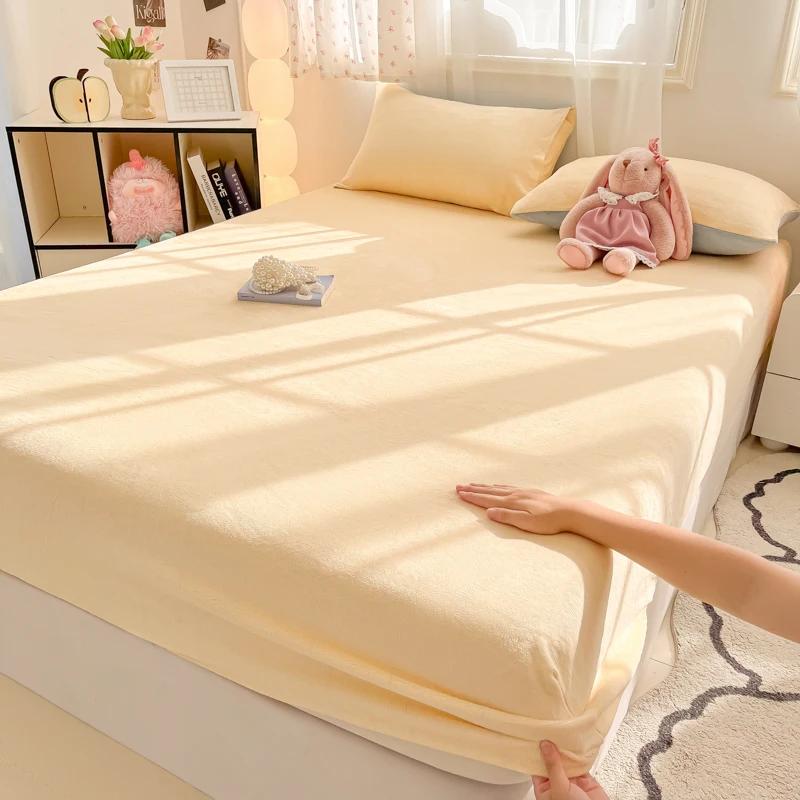 Winter Warm Velvet Fitted Sheet Solid Color Bedsheet Soft Bed Cover Queen Size Bed Linen Home Sheet Couvre Lit