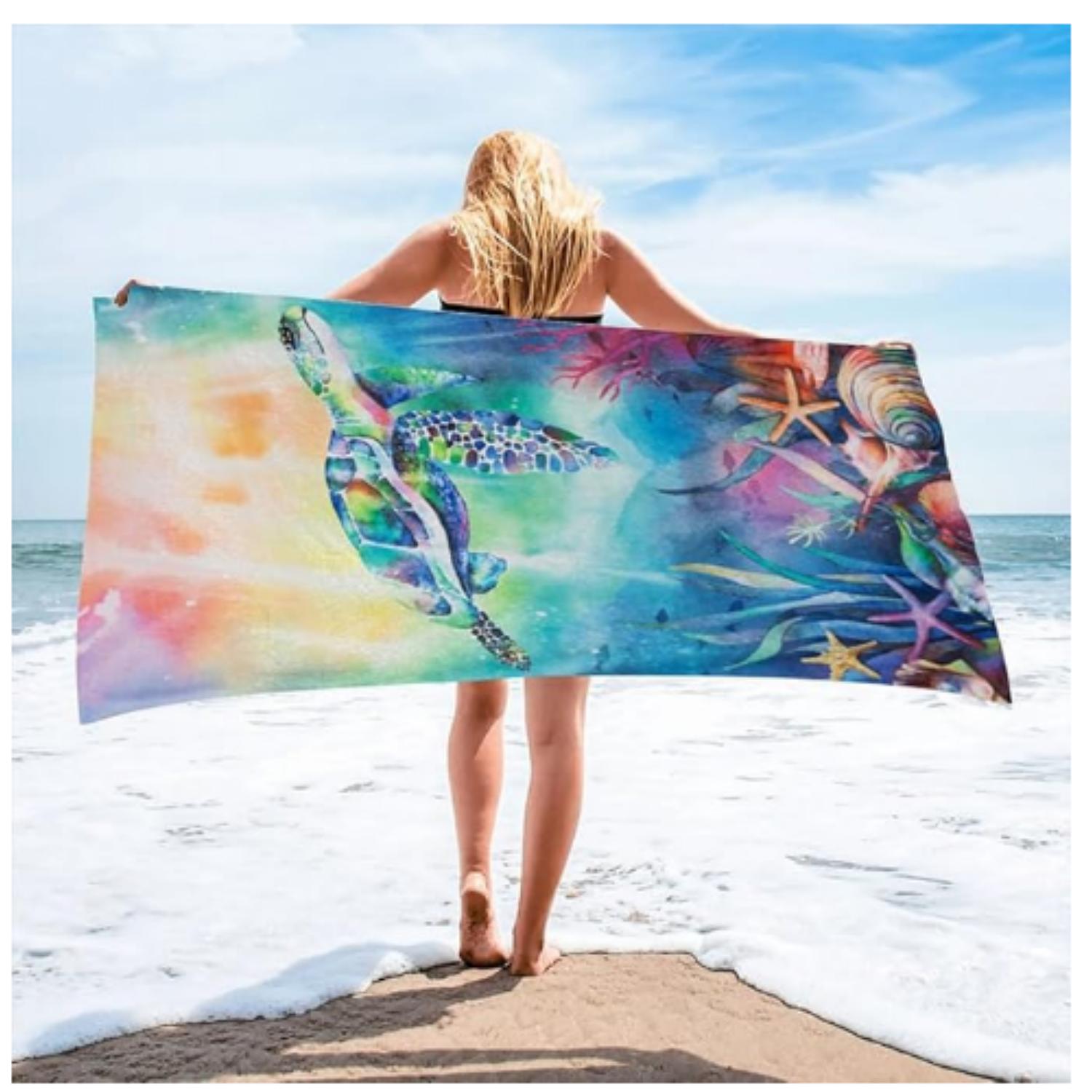 Ka Chen Muda White Extra Large Sea Turtle Tie Dye Beach Towels, Big Oversized Thick Microfiber Terry Cloth Sandproof Quick Dry 140X180cm