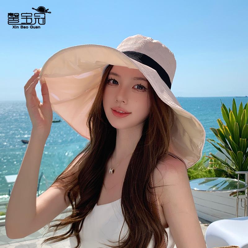 8490 Large Brim Bucket Hat Summer Outdoor Bow Visor Travel Vacation Vinyl Sunscreen Hat Women