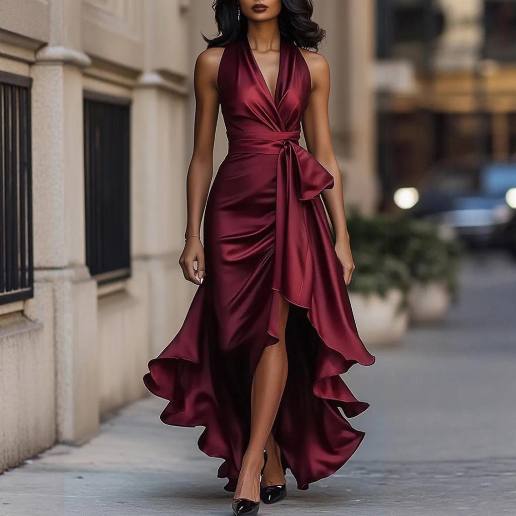 Women's Fashion Solid Color V-neck Sleeveless Irregular Skirt Dress
