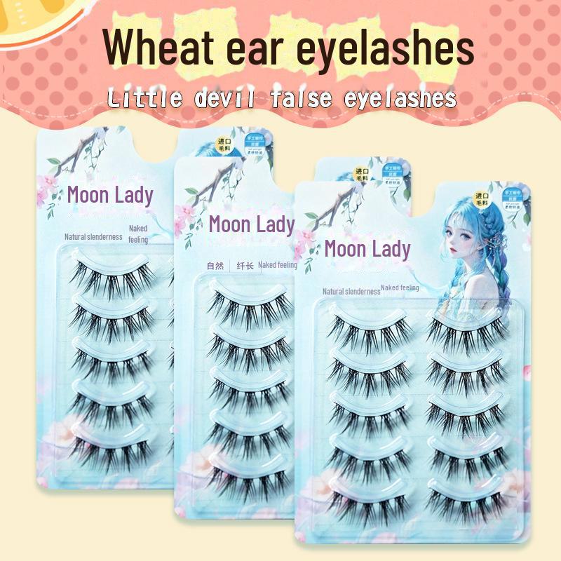 Yue Jiao Niang Light European Wheat Ear Natural False Eyelashes - Thick Black, Thin Stem, Devil Style