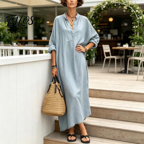 Beach Dress for Women Summer Maxi Women, V-Neck Casual Oversized Boho Long Elegant Dress, Sleeve Button Up Vacation Sundress with Pockets Lightweight