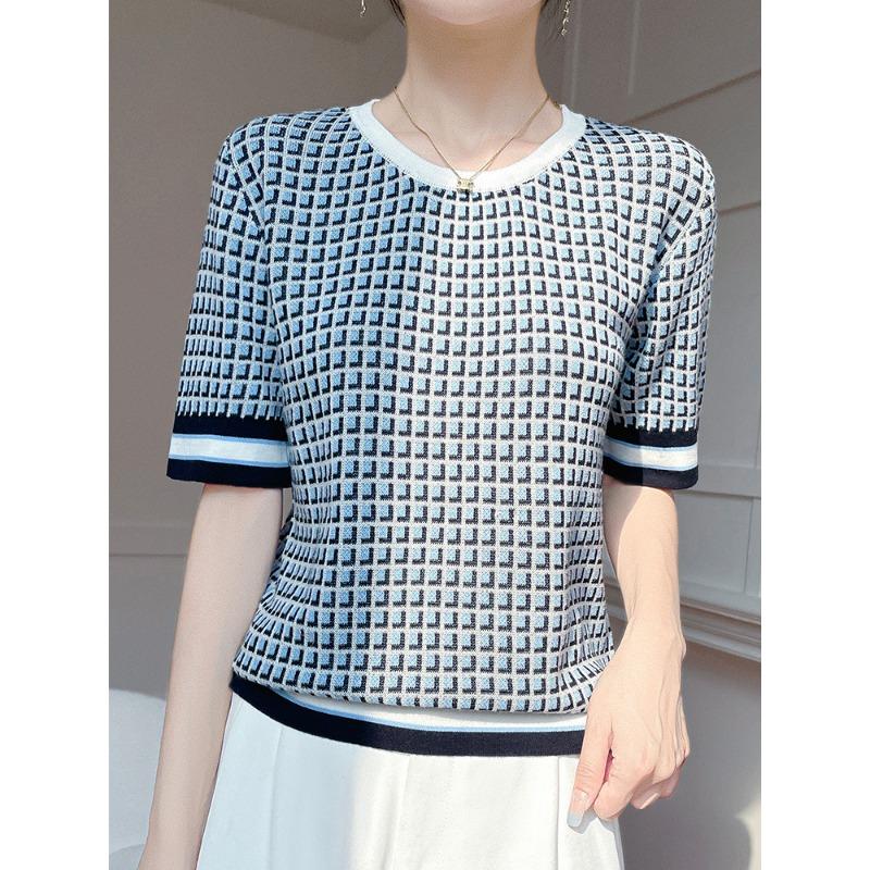 

Женская летняя футболка с коротким рукавом из чистого хлопка, вязаная, модная и универсальная, в мелкую клетку, удобная базовая футболка-топ M синий