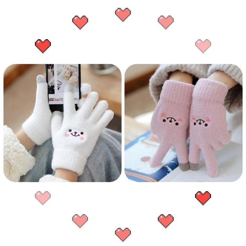 

Winter Gloves Female Ins Cute Warm with Velvet Thickened Cold Protection K-style Student Five Finger Autumn and Winter Cycling Cycling Milk White + leather pink two pairs] All yards