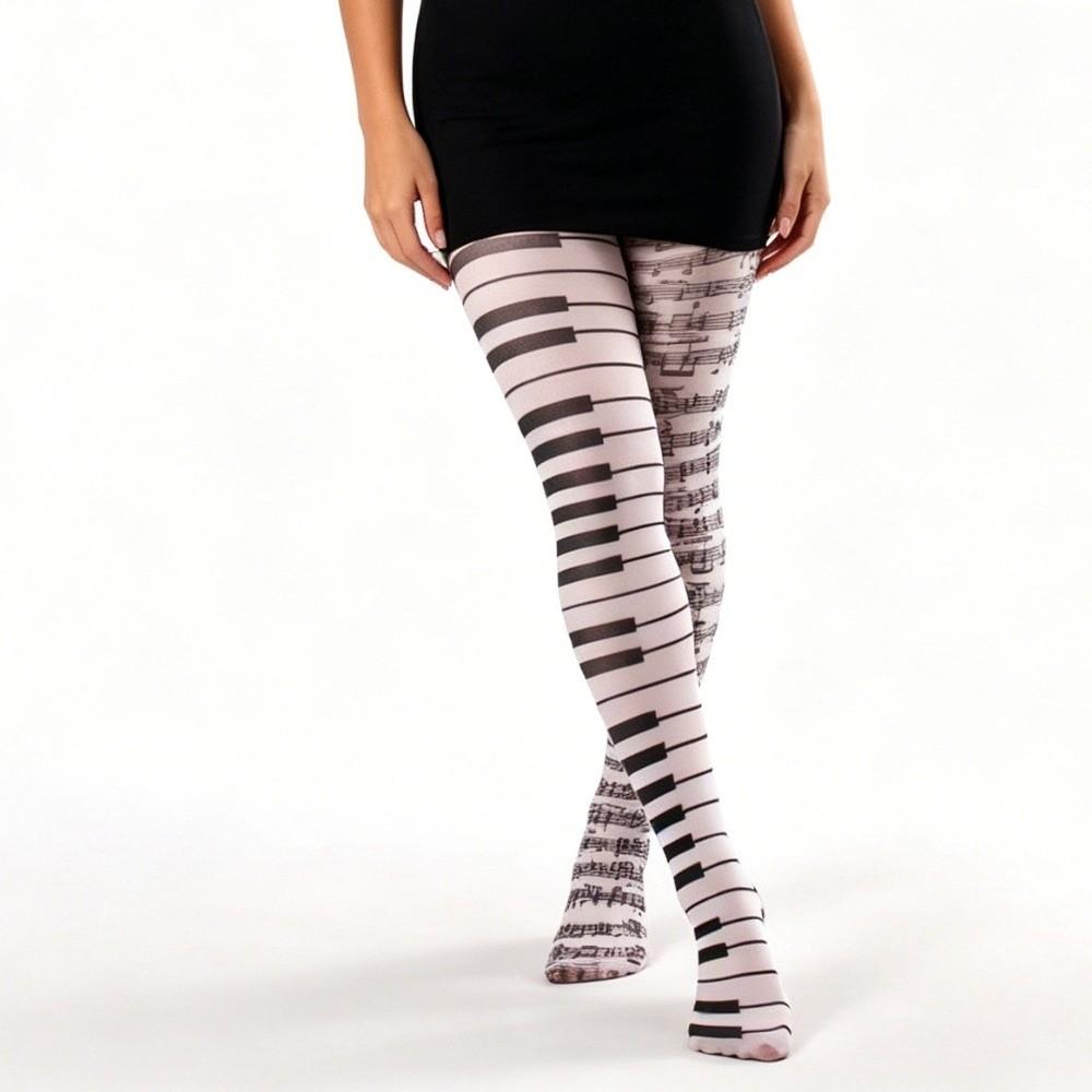 Elastic Piano Stockings Seamless Black White Pantyhose Sweet Music Note Tights  Girl
