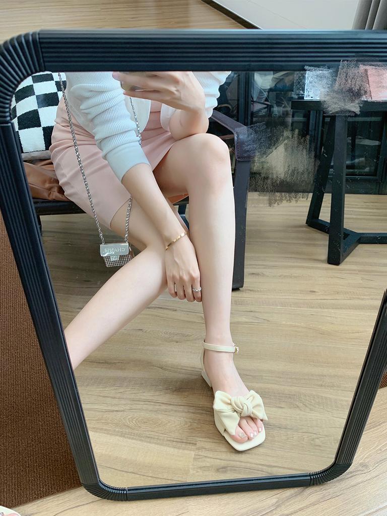 YD- [] Gentle Wind Bow Word with Square Head Short Heel Soft Sole Sandals Women