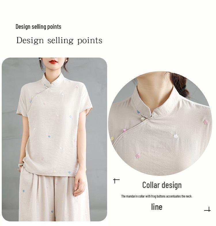 9017 Vintage Chinese Linen Suit: Summer Loose Fit Shirt & Wide-Leg Pants Set