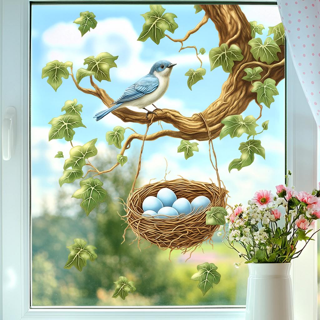 Forest Style Bird Nest Window Sticker with Leaves and Flowers, Self-Adhesive Glass Decoration for Door and Window, Home Decor Vinyl Cling