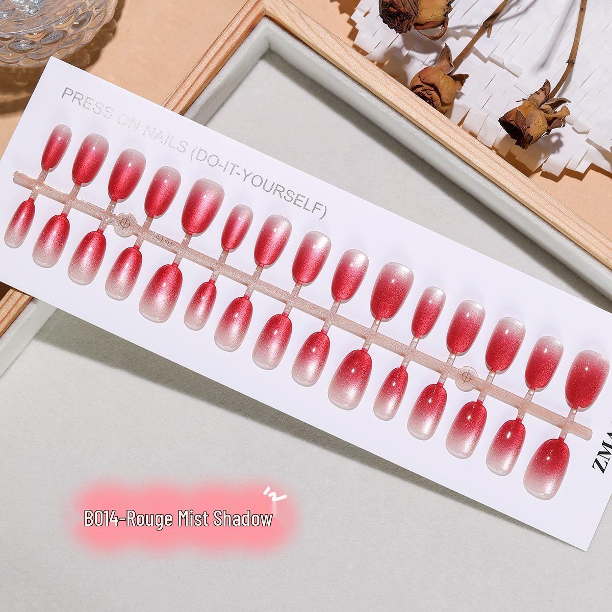 New Year Festive Blush Mist Shadow - Red to Pink Gradient Cat Eye Press-on Nails with Fine Shimmer and Brightening Effect