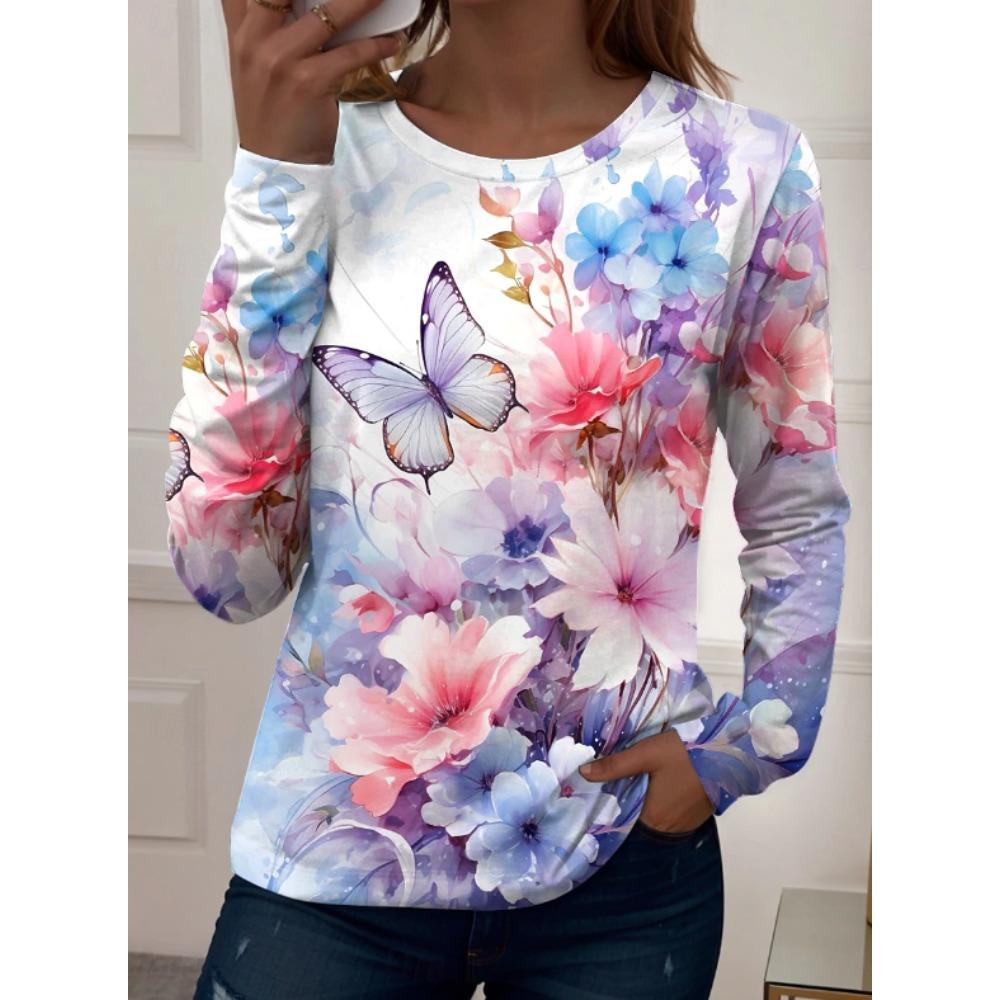 Tops for Women Floral Print  Round Neck Long Sleeve T-shirt Fall Casual Slim Pullover Women's Long Sleeve Top