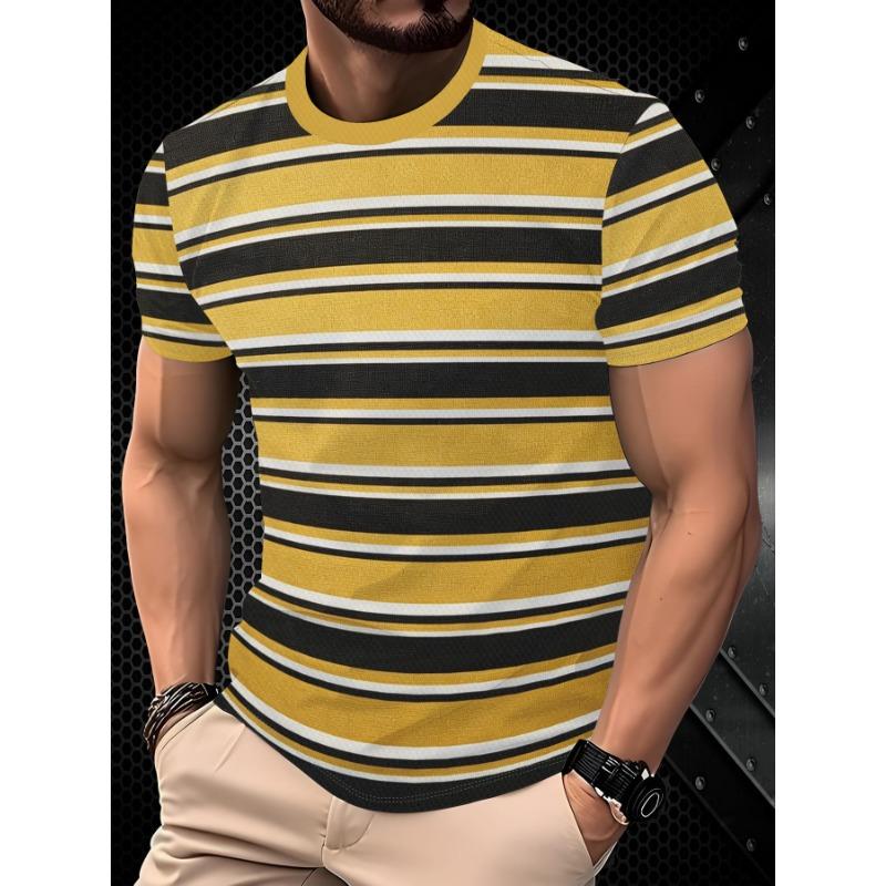 Eye-Catching Yellow-Black Horizontal Stripe Print T-Shirt, Fresh Breathable Casual Short Sleeve Top, Classic Versatile Print Durable And Clear