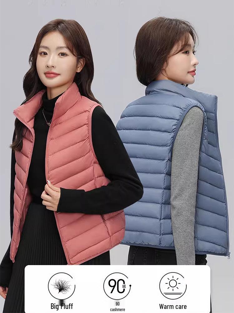Women's Lightweight White Duck Down Vest: Short Stand-Up Collar Inner Layer for Winter