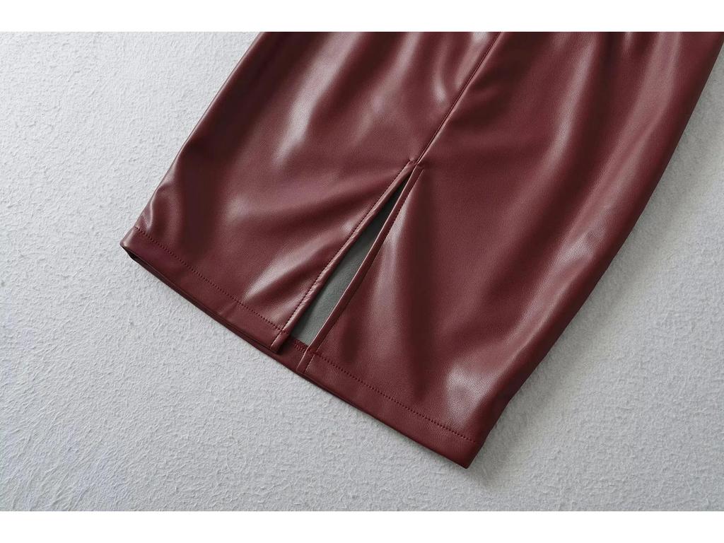Elegant Korean High-Waisted Front Slit PU Leather Midi Skirt with Belt – Sexy, Bodycon, Hip-Hugging for Autumn & Winter