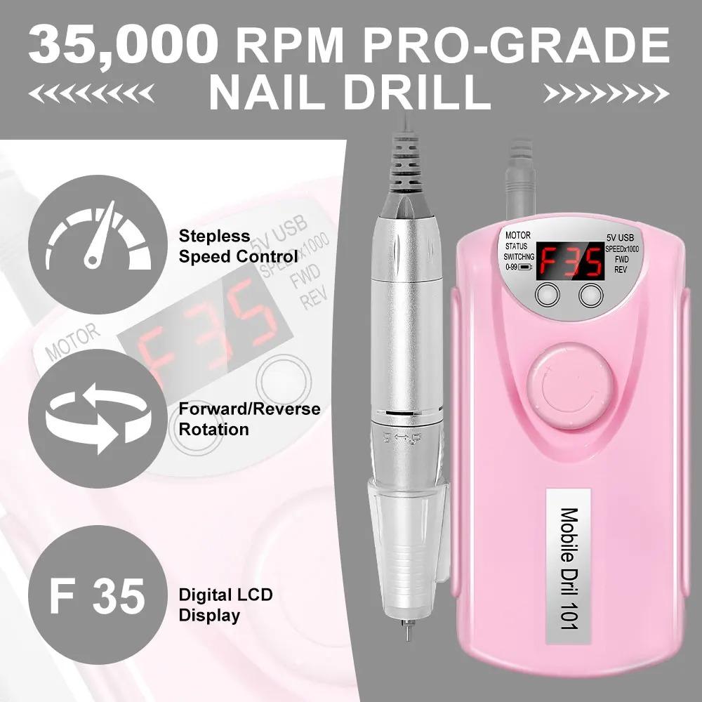 Rechargeable Nail Art Drill 35,000 Rpm - Professional Polisher & Milling Cutter Electric Sander