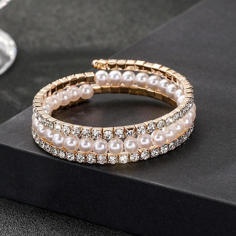 Bridal jewelry full diamond stretch bracelet, multi-layer pearl rhinestone winding spiral bracelet bracelet