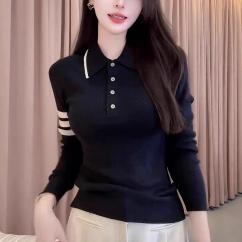 

Core-spun yarn washing water, contrasting stripes Polo neck long-sleeved knitted sweater women s new autumn and winter casual shirt One size fits all чорний