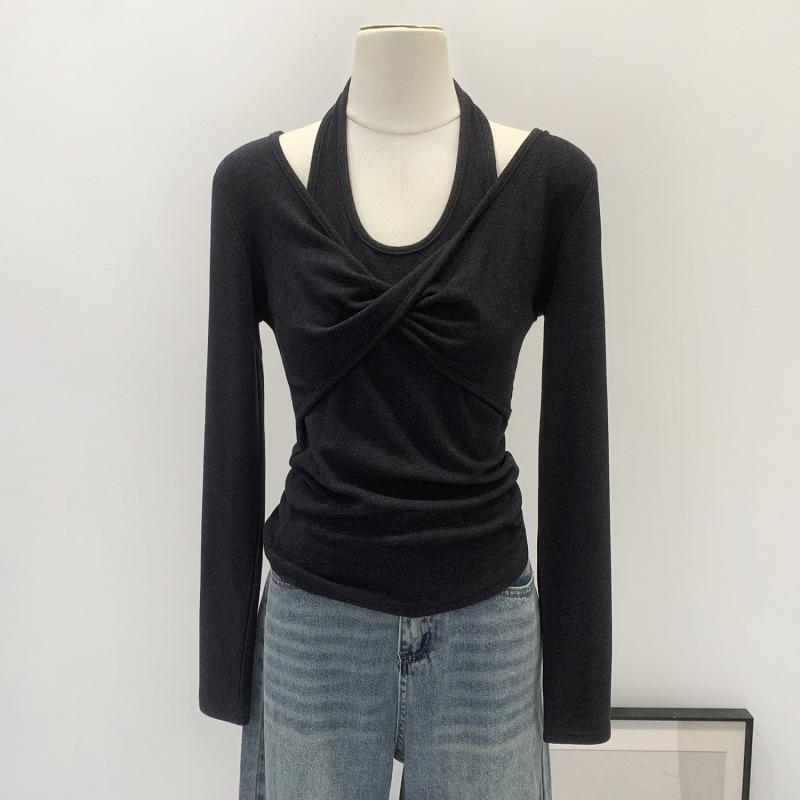 Elegant European Women s Halter Neck Two-Piece Look White Long-Sleeve T-Shirt - Unique Early Autumn Style XL