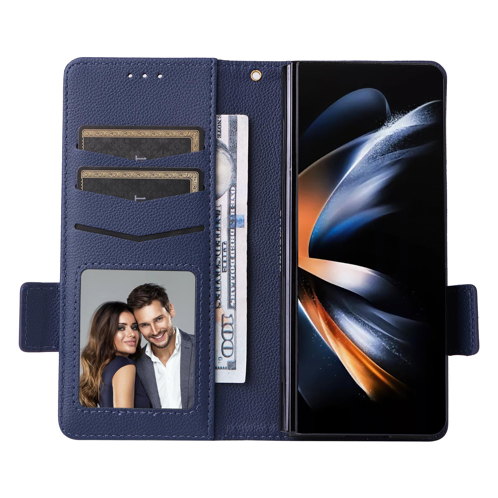 

For Samsung Galaxy Z Fold6 5G Case with Wrist Strap Litchi Texture PU Leather Wallet Phone Cover Dark Blue