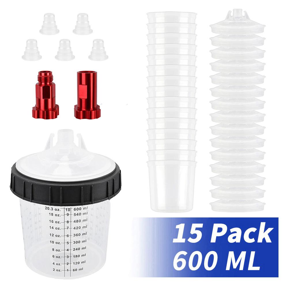 15Pcs Spray Gun Paint Mixing Cup H/O Type Quick Cup Spray Gun Tank 600ML Disposable Paint Cup with M16 Spray Gun Cup Adapter