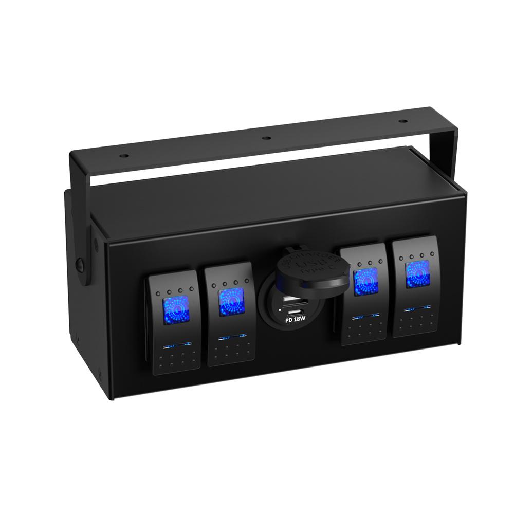 4 Gang Rocker Switch Box 12V/24V ON Off Switch QC3.0+PD 18W USB Charger for Boat Car RV Truck
