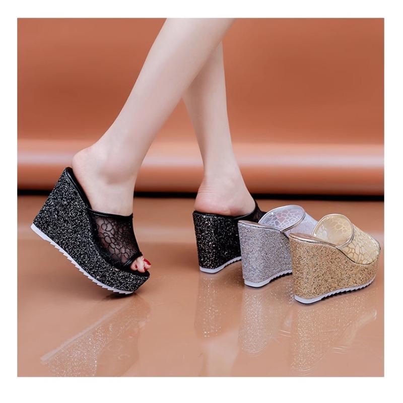 Mode 2025 Bling Goldene Damen Hausschuhe Sommerschuhe Plateau(4 cm) Außerhalb der Umkleidekabine 11 cm High Heels Wedges aus massivem Mesh für Damen