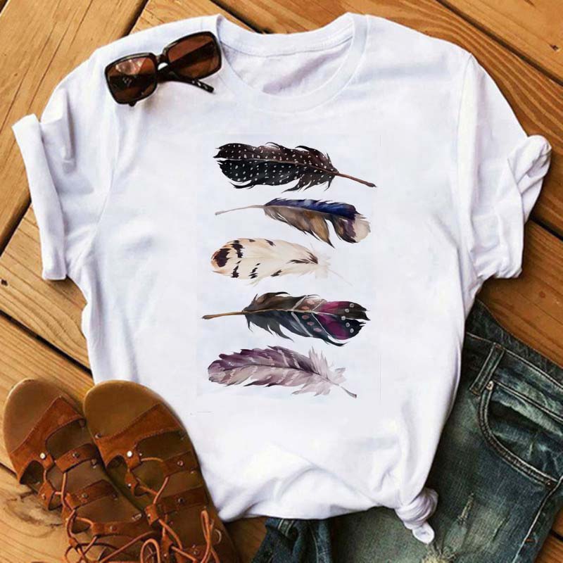 Fashion Women T Shirt Funny Butterfly Feather Print Tshirt T Shirt Summer Short Sleeve Tops Tee Female Feather T-shirts