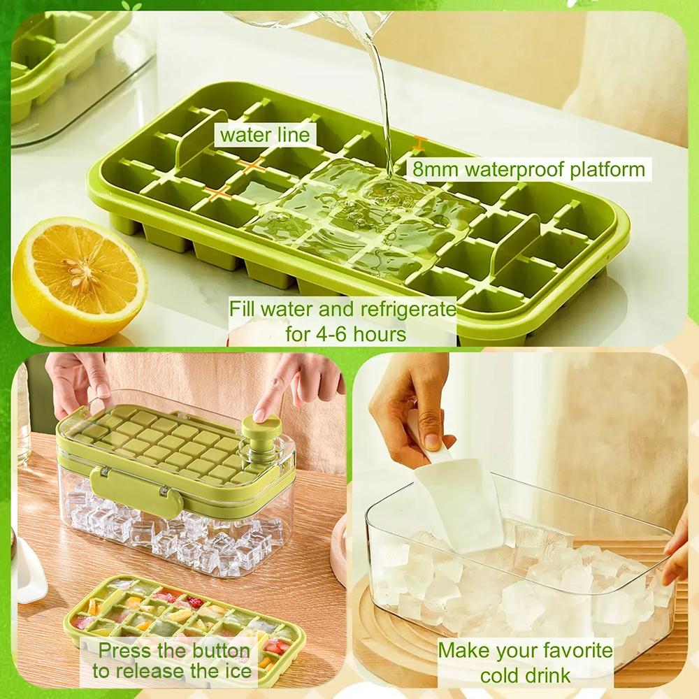 Portable Ice Cube Trays with Bin,Easy One-Click Release,Ice Freezer with Ice Scoop, Hidden Handle for Whiskey Drink Juice Tools