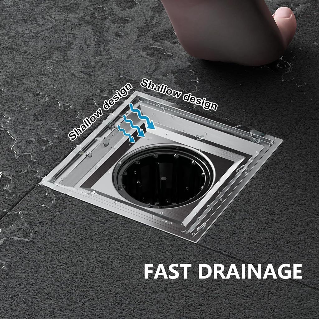 Neodrain Square Shower Drain,4 inch Stainless Steel 304 Grate and PVC Drain Body, Grate with Brushed Nickel Finish, Kit Includes Hair