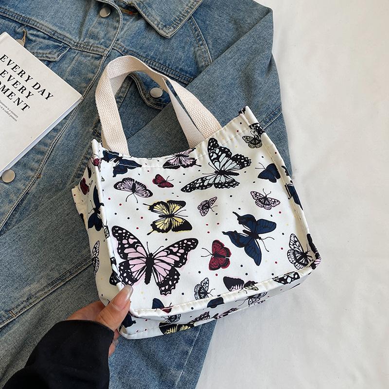 Large Capacity Floral Butterfly Portable Canvas Bag Oxford Cloth Casual Women'S Bag Niche Shoulder Handbag