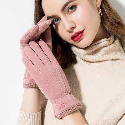 Damen Winterhandschuhe aus Wildleder mit Touchscreen, doppelt dicker Plüsch, warmes Handgelenk, Kaschmir, süße Fahrradhandschuhe