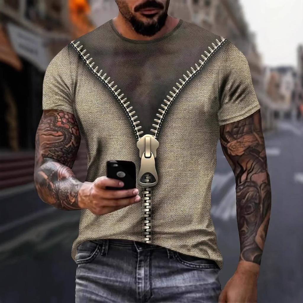 Sommar Rund Hals 3D Falsk Tvådelad Tryckt Topp Mode Casual Kortärmad Herr T-shirts