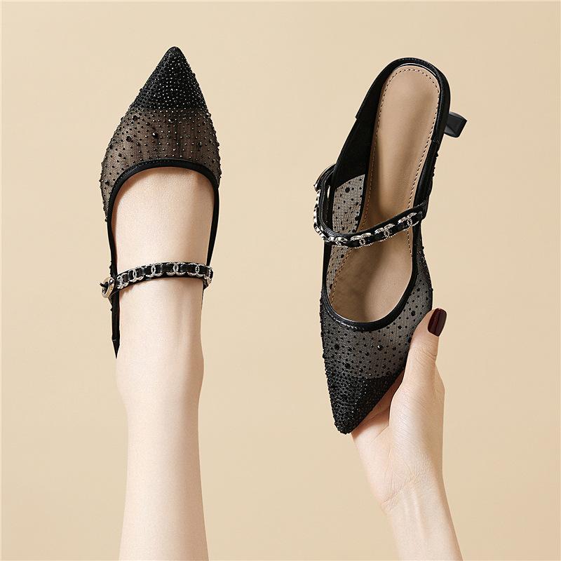 Casual feeërieke stijl met rok, strass Mary Jane schoenen, ademend mesh garen voor dames, lage instap, sleehak, enkele schoen, lage instap