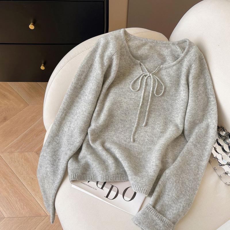 Bow Tie Crew Neck Knitted Sweater Women's New Autumn and Winter Sweater Loose and Thin Women's Crew Neck Top