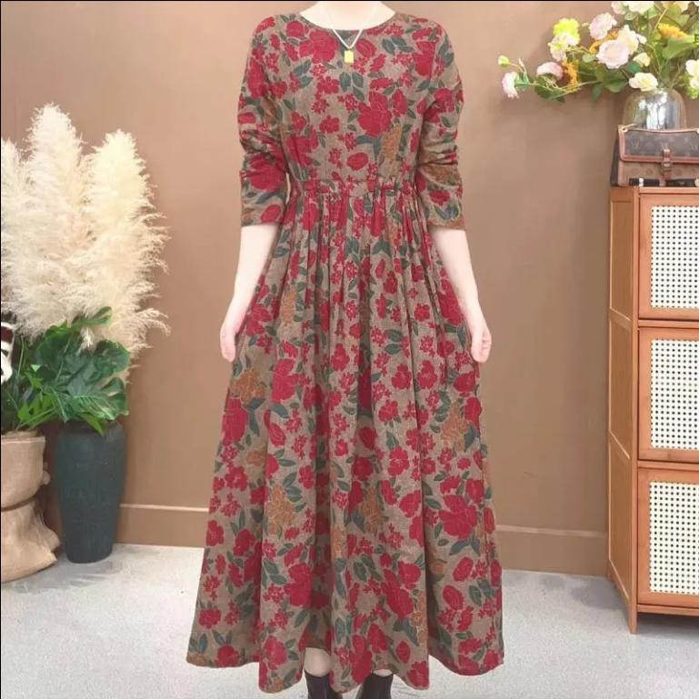 Cotton and Linen Dress Spring Autumn Style Printed Long-sleeved Slimming Retro Floral Temperament Casual Long Skirt