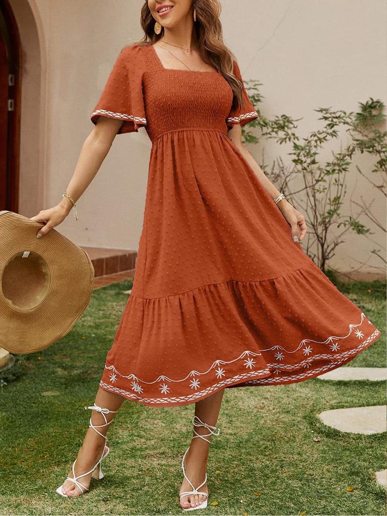 Vestido Largo Maxi de Verano para Mujer, Manga Corta, Fruncido, Cuadrado, Línea A, Fluido