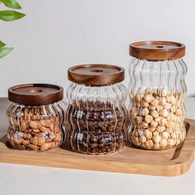 Luftdichter Behälter aus gestreiftem Glas mit Holzdeckel, Aufbewahrungsflaschen für die Küche, Gläser, Lebensmittelbehälter, Kaffeebohnen, Getreide, Bonbongläser