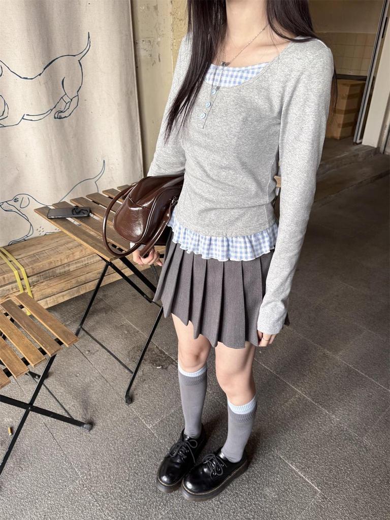 Gray Two-Piece Style Long Sleeve Shoulder Stitch T-Shirt - Women's Slim Fit Short Top for Spring